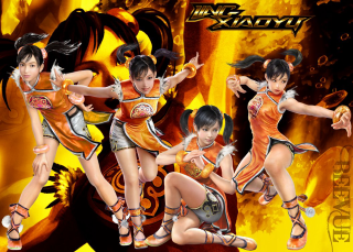 Women orange outfits dancing yellow - a dragon in the background free wallpaper