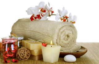 Towel candles flower tabletop photorealism - a towel free wallpaper