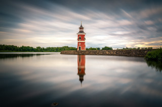 Red tower lake cloudy sky - the middle of a lake free wallpaper