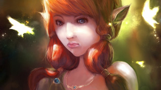 Redhair girl green dress cat - a cat ear free wallpaper