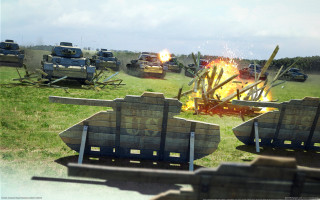 Burning tanks field benches fire - free gaming wallpaper