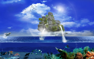 Waterfall ocean birds fish matte - a fish swimming free wallpaper