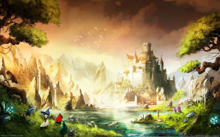 Castle forest river birds mountain 2 - matte fantasy painting free wallpaper