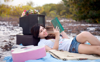 Woman lying beach book flower - free other wallpaper for desktop