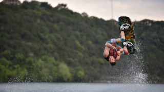 Man flying wakeboard lake forest - free other wallpaper for desktop
