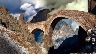Stone bridge mountain clouds fantasy - romanesque free wallpaper