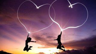 Flying hearts sunset plane silhouette - overhead free wallpaper