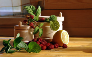 Lemon raspberries cream plant stilllife - a leafy plant free wallpaper