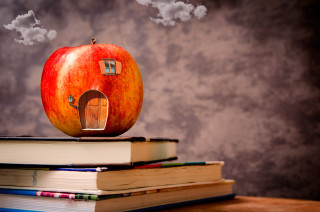 Red apple stack books house - a red apple free wallpaper for desktop