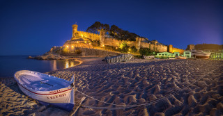 Boat beach castle night blue - dali free wallpaper