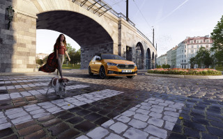 Woman dog yellow car city - a dog in front free wallpaper