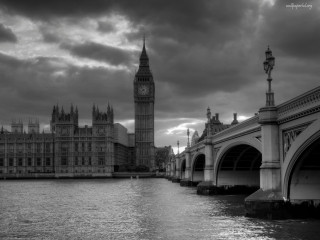 Black white bridge clock tower - gloomy atmosphere free wallpaper