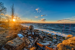 Sunset rocky beach bench shore - hdr free wallpaper