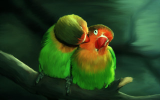 Colorful birds branch touching eyes - soft painting free wallpaper