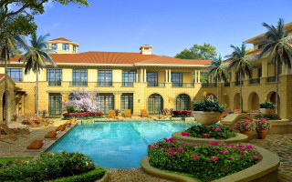 Large house pool flowers trees 2 - a patio free wallpaper