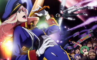 Woman blue outfit sword crowd - a sword in front free wallpaper