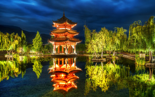 Pagoda night sky pond trees - a pagoda free wallpaper