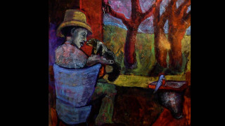 Man dog park trees bench - free retro wallpaper for desktop