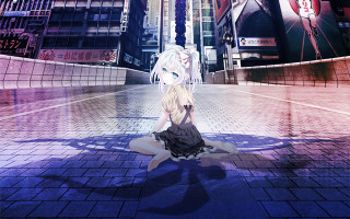 Woman sitting city night clock - rossdraw global illumination free wallpaper