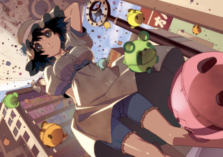 Cartoon character holding pig city - a detailed drawing free wallpaper