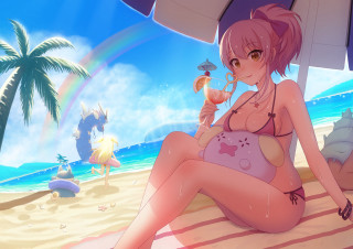 Woman beach umbrella drink rainbow - chizuko yoshida free wallpaper