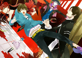 Anime characters red background stripes - baiōken eishun free wallpaper for desktop