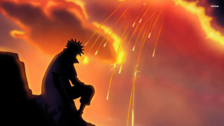 Man sitting rock watching fireworks - manga free wallpaper