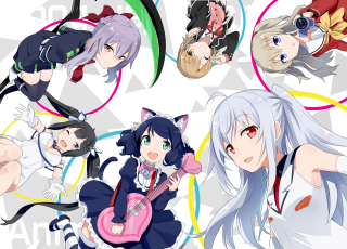 Anime girls colorful hair guitars - their head free wallpaper