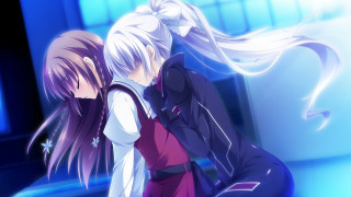 Anime girls hugging blue lights - a window behind them free wallpaper