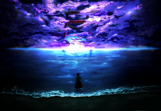 Man standing water purple sky - ufotable free wallpaper for desktop