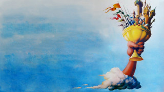 Hand golden cup flags clouds - flag free wallpaper