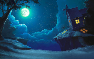 House hill rope moon sky - a painting of a house free wallpaper