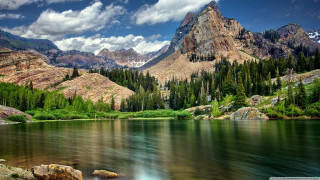 Mountain lake trees rocks cloudy 2 - bob ross free wallpaper