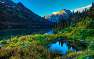 Mountain lake trees grass blue 2 - bob ross free wallpaper