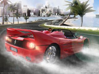 Red sports car city skyline 5 - matte drawing free wallpaper for desktop