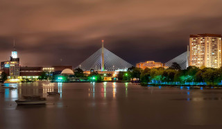 City skyline bridge lake night 2 - a matte painting free wallpaper