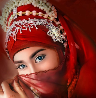 Woman red headscarf veil white - free retro wallpaper for tablet