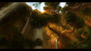 Waterfall forest trees rocks painting - don bluth free wallpaper