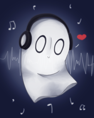 Cartoon ghost headphones music notes - spooky free wallpaper for mobile