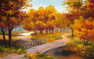 Bridge river park trees bench - an oil painting free wallpaper