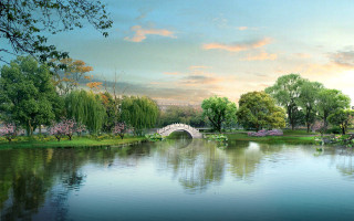 River bridge distance trees flowers - cao zhibai free wallpaper