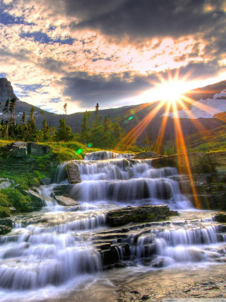 Waterfall sun mountain house hill 2 - arthur quartley free wallpaper for mobile