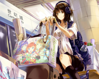 Woman bench bag headphones sitting - a bench free wallpaper