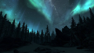 Night sky aurora mountains trees - albert bierstadt free wallpaper