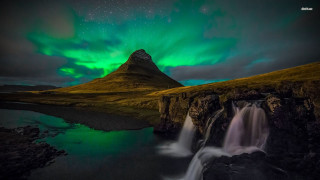 Waterfall green aurora light mountain - a waterfall free wallpaper for desktop
