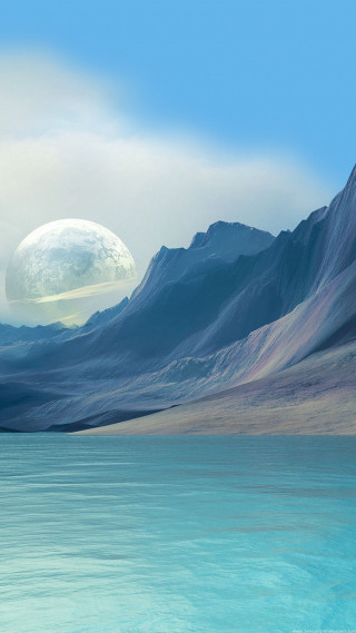 Large white object lake mountains - matte painting free wallpaper for mobile