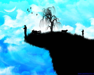 Cliff tree man hill dog - a painting of a person free wallpaper