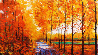 Path park trees leaves painting 2 - a bench in the foreground free wallpaper