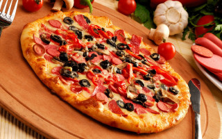 Pizza pepperoni delicious cheesy slice - a cutting board free wallpaper