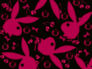 Pink rabbits cherries black background - a pattern free wallpaper for desktop